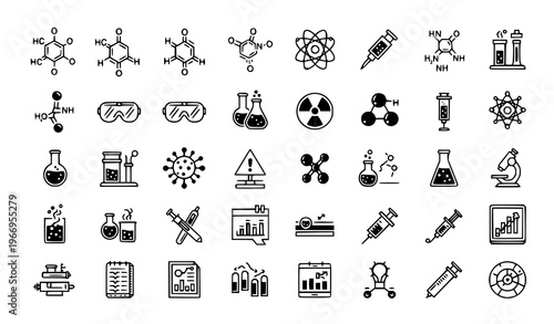 Science and laboratory icon collection with molecular diagrams glassware and research symbols vector
