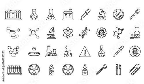 Laboratory line icon set with science glassware molecule and radioactivity symbols editable stroke vector