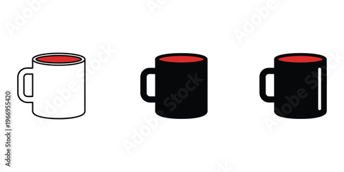 three coffee mugs in white and black color isolated on transparent background