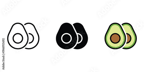 Avocado icons in line art, solid black, and colorful isolated on transparent background