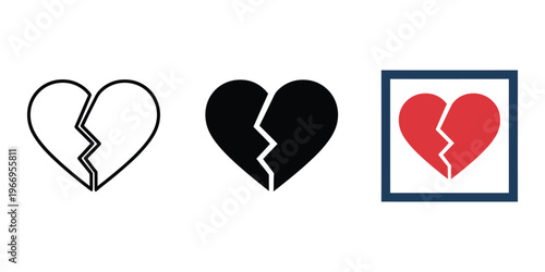 Broken heart icons in different styles isolated on transparent background