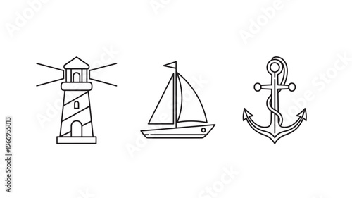 Nautical Icon Set Lighthouse Sailboat Anchor Line Art for Maritime Navigation and Ocean Travel Concepts