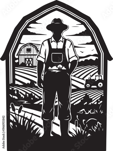 Farmer standing proudly in front of farm landscape scenery