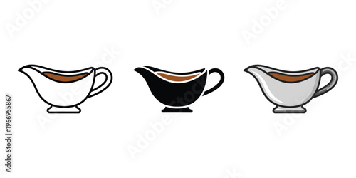 Three gravy boats in white, black, and gray isolated on transparent background