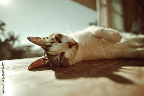 playful cat lounging on wooden table bathed in warmth of ultrabright sunlight exuding joyful atmosphere