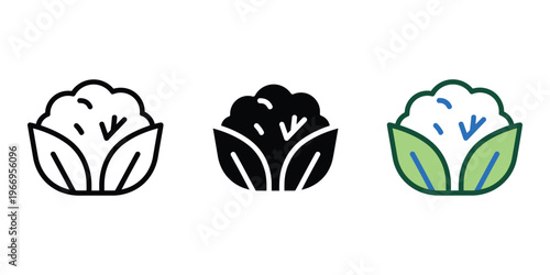 set of cauliflower icons in line art, solid black, and green with rain isolated on transparent background