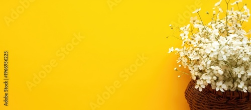 A wicker basket filled with delicate white baby's breath flowers against a vibrant yellow background.