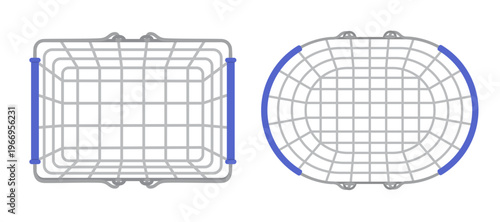 Empty metal shopping basket set from top view, rectangle and oval wire baskets with blue handles for retail and grocery store, vector design.