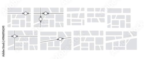 Abstract city map top view set with location pins, navigation roads, and urban blocks, gray flat vector illustration isolated on white background.