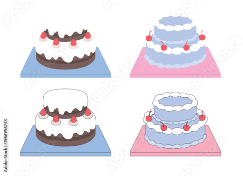 Two-tier cake illustration set with strawberry and cherry toppings, sweet dessert for birthday and celebration, vector flat and line art style.