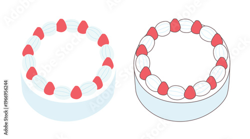 Strawberry shortcake illustration set from top view, delicious dessert with whipped cream, vector flat and line art style for birthday and bakery.