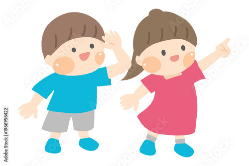 斜め上を見る笑顔の男の子と女の子のイラスト