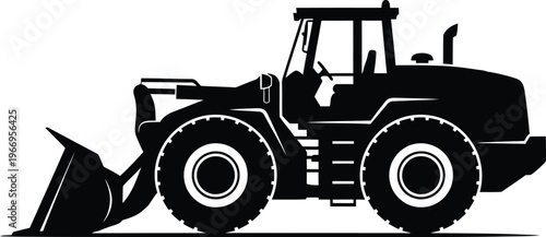 Black Silhouette of a Front End Loader Tractor on White Background.