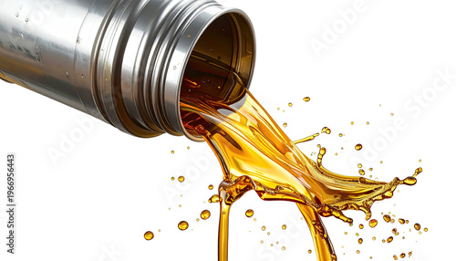 Oily liquid pours from a metal container creating a fluid splash
