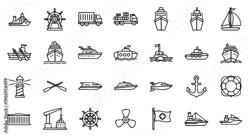 Editable Filled Boat Icon Collection with Boat Helm Cargo Ship Sail Submarine Vector