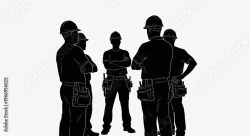 Construction workers standing together in silhouette wearing hard hats.