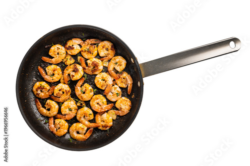 Grilled Jumbo Shrimps Prawns Sauteeing in Butter and Olive Oil isolated on white background.