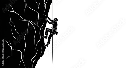 Silhouette of a rock climber ascending a sheer cliff face.