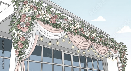 Elegant Wedding Archway Decorated With Lush Flowers And Draping Fabric.