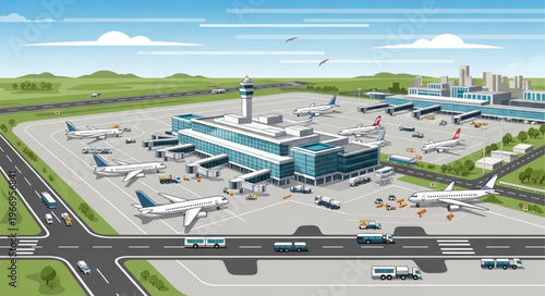 Busy international airport with many airplanes and terminals.