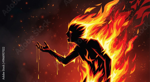 Figure engulfed in flames with outstretched hand.
