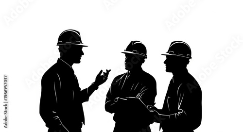 Three construction workers in hard hats discussing plans silhouette.