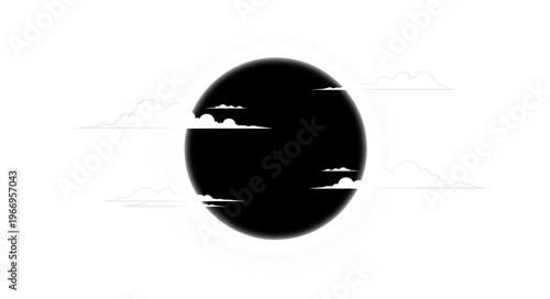 Black circle with white clouds against a white background.