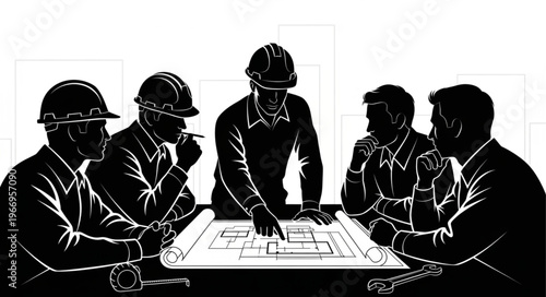 Construction team meeting discussing blueprints at table.