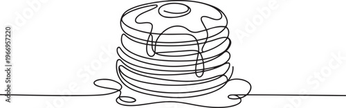 Continuous one line drawing of a tall stack of pancakes drizzled with dripping syrup. one line Icon drawing