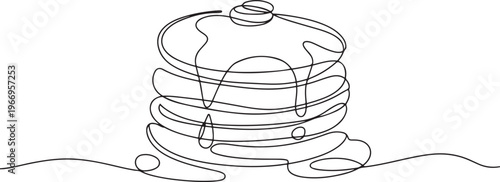Continuous one line drawing of a tall stack of pancakes drizzled with dripping syrup. one line Icon drawing