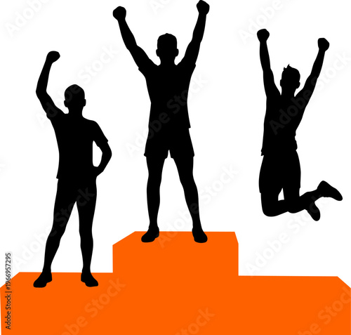 Winners on podium celebrating victory silhouette achievement concept