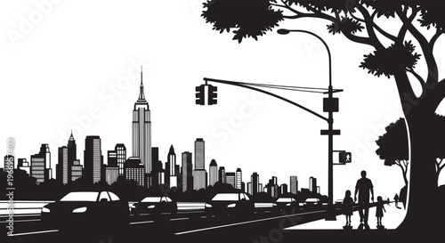 Monochrome illustration capturing the vibrant energy of a dynamic city street scene, showcasing modern architecture, bustling traffic, and daily urban life