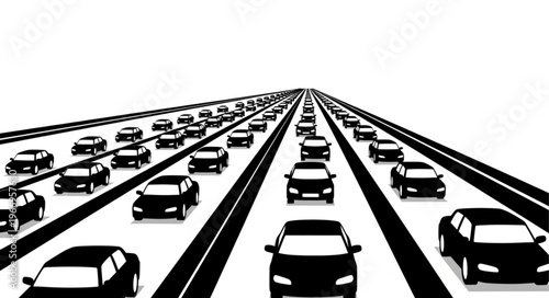 Black cars on a highway in a traffic jam.