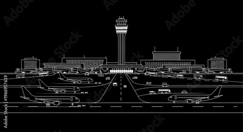 Modern Airport Terminal Building with Control Tower at Night.