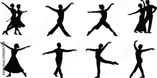 Dance silhouettes vector set, ballroom and contemporary dancers collection, black white performer poses, elegant movement illustration, artistic choreography design elements