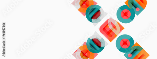 Abstract geometric shapes, colorful blocks, overlapping layers, modern design, white background. Minimalist composition, vibrant hues, dynamic pattern.