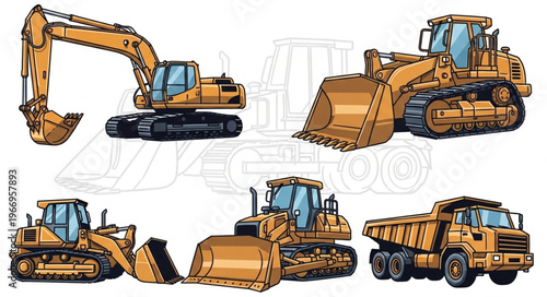 Collection of heavy construction machinery vehicles for industrial work.