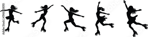 Roller skating silhouettes vector set, female skaters dynamic poses collection, black white active lifestyle illustration, sport movement design elements