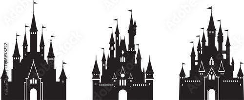 Diverse collection of majestic fortress silhouettes, evoking the timeless grandeur of storybook architecture and imaginative realms, perfect for captivating design projects