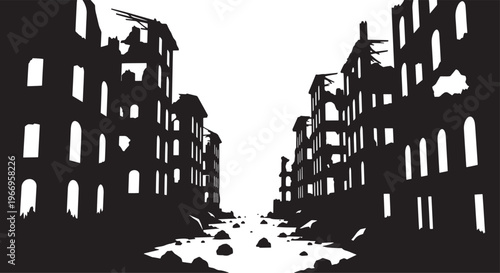 Desolate urban ruins A graphic illustration of silhouetted buildings along a path, symbolizing decay, abandonment, and the quiet aftermath of history