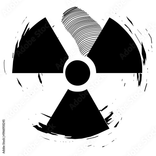 Black radioactive material logo with smudge and fingerprint texture, nuclear radiation hazard symbol for forensic science icon