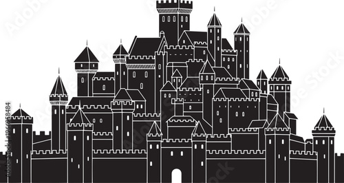 Detailed silhouette of a majestic medieval castle, showcasing fortified walls and numerous towering spires, evoking historical grandeur and enchanting fantasy themes