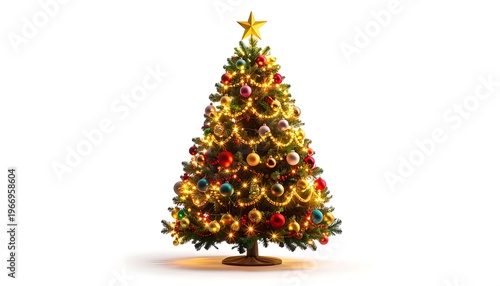 A fully decorated evergreen with ornaments and lights, topped with a golden star, set against a white backdrop