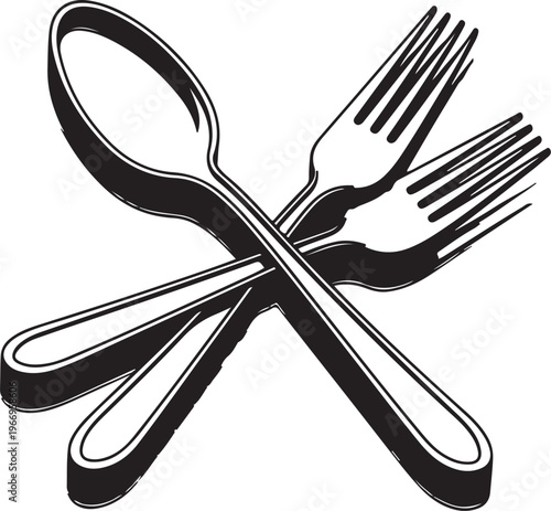 Crossed silverware utensils in black and white illustration style