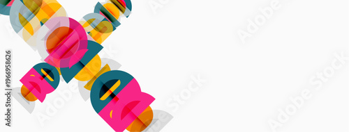 Abstract colorful shapes overlap, creating dynamic composition. Bright hues dominate white background. Modern design element.