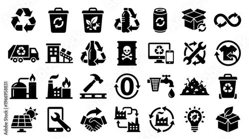 Collection of recycling and industry icons representing sustainability waste management and industrial processes