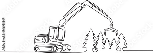 Continuous one line drawing forestry harvester or logging forwarder. Articulated crane, specialized machinery for wood harvesting, transportation. one line Icon drawing