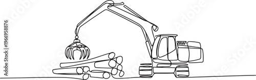 Continuous one line drawing forestry harvester or logging forwarder. Articulated crane, specialized machinery for wood harvesting, transportation. one line Icon drawing