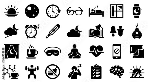 Collection of icons representing sleep health wellness and healthy lifestyle choices for better rest and well being
