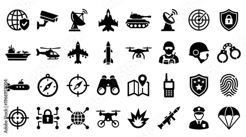 Collection of military and security icons representing defense technology surveillance and protection symbols